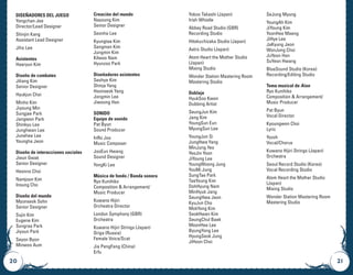 20 21
DISEÑADORES DEL JUEGO
Yongchan Jee
Director/Lead Designer
Shinjin Kang
Assistant Lead Designer
Jiho Lee
Asistentes
Haeryun Kim
Diseño de combates
Jiliang Kim
Senior Designer
Hyukjun Choi
Minho Kim
Jiyoung Min
Sungjae Park
Jangwon Park
Shinkyu Lee
Junghwan Lee
Junehee Lee
Youngha Jeon
Diseño de interacciones sociales
Jieun Gwak
Senior Designer
Heonno Choi
Namjoon Kim
Insung Cho
Diseño del mundo
Myunseok Sohn
Senior Designer
Sujin Kim
Eugene Kim
Sungrae Park
Jiyoun Park
Seyon Byon
Minwoo Aum
Creación del mundo
Nayoung Kim
Senior Designer
Seonho Lee
Kyungtae Kim
Sangman Kim
Jungmin Kim
Kilwoo Nam
Hyunzoo Park
Diseñadores asistentes
Seohye Kim
Shinja Yang
Hoonseok Yang
Jongmin Lee
Jiwoong Han
SONIDO
Equipo de sonido
Pat Byun
Sound Producer
InRo Joo
Music Composer
JooEun Hwang
Sound Designer
YongKi Lee
Música de fondo / Banda sonora
Ryo Kunihiko
Composition  Arrangement/
Music Producer
Kuwano Hijiri
Orchestra Director
London Symphony (GBR)
Orchestra
Kuwano Hijiri Strings (Japan)
Origa (Russia)
Female Voice/Scat
Jia PengFang (China)
Erfu
Yokoo Takashi (Japan)
Irish Whistle
Abbey Road Studio (GBR)
Recording Studio
Hitokuchizaka Studio (Japan)
Astro Studio (Japan)
Atom Heart the Mother Studio
(Japan)
Mixing Studio
Wonder Station Mastering Room
Mastering Studio
Doblaje
HyukSoo Kwon
Dubbing Artist
SeungJun Kim
Jang Kim
YoungSun Eun
MyungSun Lee
YoungJun Si
JungHwa Yang
MinJung Yeo
YeoJin Yoon
JiYoung Lee
YoungWoong Jung
YouMi Jung
SungTae Park
TaeYoung Kim
DohHyung Nam
MinHyuk Jang
SeungHwa Jeon
KyuJun Cho
MokYong Kim
SeokHwan Kim
SeungChul Baek
MoonHee Lee
ByungYong Lee
HyungSeok Jung
JiHoon Choi
SeJung Myung
YoungAh Kim
JiYoung Kim
YoonHee Maeng
JiHye Lee
JaKyung Jeon
WonJung Choi
JuYeon Han
SuYeon Hwang
BlueSound Studio (Korea)
Recording/Editing Studio
Tema musical de Aion
Ryo Kunihiko
Composition  Arrangement/
Music Producer
Pat Byun
Vocal Director
Kyoungwon Choi
Lyric
Yozoh
Vocal/Chorus
Kuwano Hijiri Strings (Japan)
Orchestra
Seoul Record Studio (Korea)
Vocal Recording Studio
Atom Heart the Mother Studio
(Japan)
Mixing Studio
Wonder Station Mastering Room
Mastering Studio
 