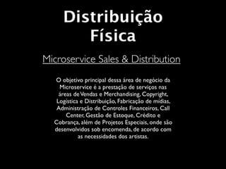 Distribuição
        Física
Microservice Sales & Distribution
  O objetivo principal dessa área de negócio da
    Microservice é a prestação de serviços nas
    áreas de Vendas e Merchandising, Copyright,
   Logística e Distribuição, Fabricação de mídias,
   Administração de Controles Financeiros, Call
       Center, Gestão de Estoque, Crédito e
  Cobrança, além de Projetos Especiais, onde são
  desenvolvidos sob encomenda, de acordo com
            as necessidades dos artistas.
 