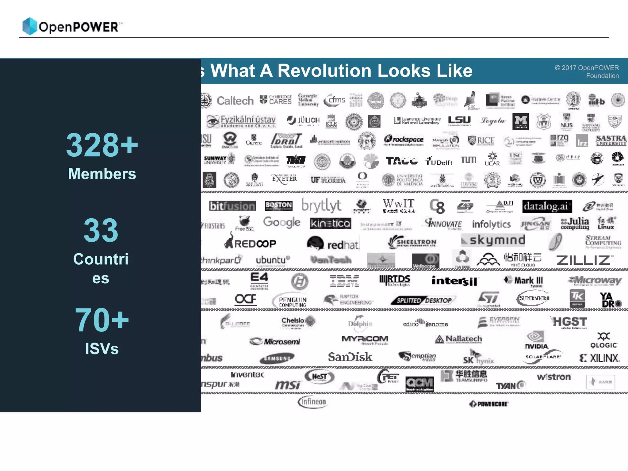 Software
Boards /
Systems
System / Integration
I/O / Storage / Acceleration
Implementation / HPC / Research
Chip / SOC
This is What A Revolution Looks Like © 2017 OpenPOWER
Foundation
328+
Members
33
Countri
es
70+
ISVs
 