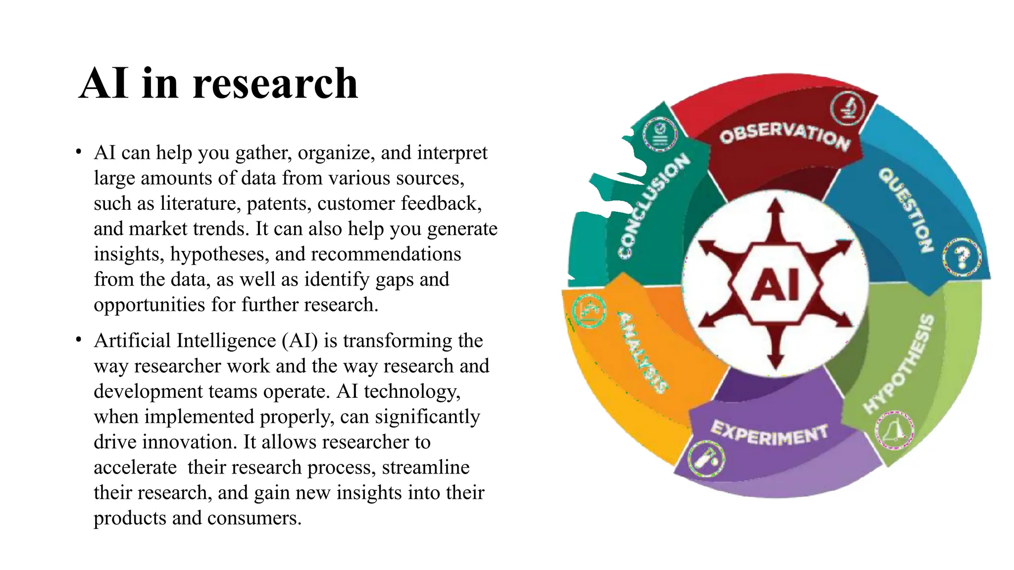 AI in research
• AI can help you gather, organize, and interpret
large amounts of data from various sources,
such as literature, patents, customer feedback,
and market trends. It can also help you generate
insights, hypotheses, and recommendations
from the data, as well as identify gaps and
opportunities for further research.
• Artificial Intelligence (AI) is transforming the
way researcher work and the way research and
development teams operate. AI technology,
when implemented properly, can significantly
drive innovation. It allows researcher to
accelerate their research process, streamline
their research, and gain new insights into their
products and consumers.
 