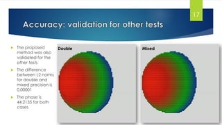 17
Double Mixed The proposed
method was also
validated for the
other tests
 The difference
between L2 norms
for double and
mixed precision is
0.00001
 The phase is
44.2135 for both
cases
 