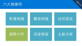 六大類應用
影像辨識 聲音辨識 自然語言
趨勢分析 深度學習 主動決策趨勢分析
 