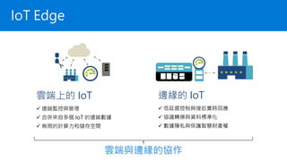 IoT Edge
雲端上的 IoT
✓ 遠端監控與管理
✓ 合併來自多個 IoT 的遠端數據
✓ 無限的計算力和儲存空間
邊緣的 IoT
✓ 低延遲控制與接近實時回應
✓ 協議轉換與資料標準化
✓ 數據隱私與保護智慧財產權
雲端與邊緣的協作
 