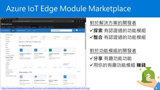Azure IoT Edge Module Marketplace
對於解決方案的開發者
✓探索 有認證過的功能模組
✓整合 有認證過的功能模組
對於功能模組的開發者
✓分享 有趣功能功能
✓用你的有趣功能模組 賺錢
https://azuremarketplace.microsoft.com/en-us/marketplace/apps/category/internet-of-things
 