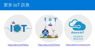 更多 IoT 訊息
https://aka.ms/IoTShow https://aka.ms/IoTSchool https://github.com/Azure/iot
Sample &
Resources
 
