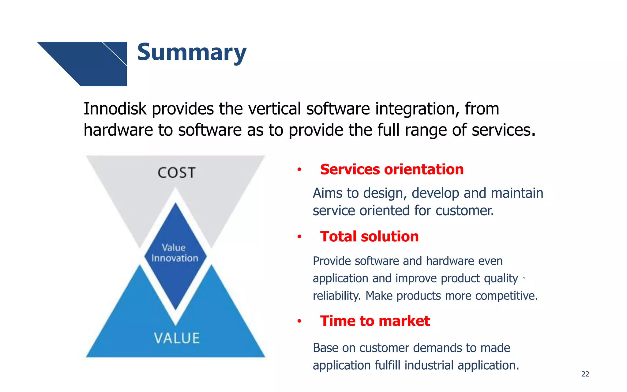 22
Summary
Innodisk provides the vertical software integration, from
hardware to software as to provide the full range of services.
• Services orientation
Aims to design, develop and maintain
service oriented for customer.
• Total solution
Provide software and hardware even
application and improve product quality、
reliability. Make products more competitive.
• Time to market
Base on customer demands to made
application fulfill industrial application.
 