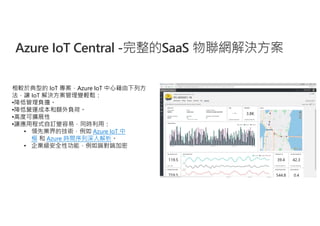 Azure IoT Central -完整的SaaS 物聯網解決方案
相較於典型的 IoT 專案，Azure IoT 中心藉由下列方
法，讓 IoT 解決方案管理變輕鬆：
•降低管理負擔。
•降低營運成本和額外負荷。
•高度可擴展性
•讓應用程式自訂變容易，同時利用：
• 領先業界的技術，例如 Azure IoT 中
樞 和 Azure 時間序列深入解析。
• 企業級安全性功能，例如端對端加密
 