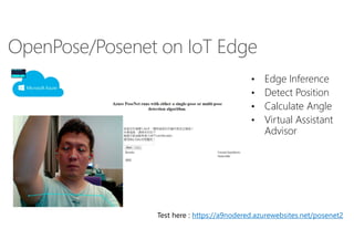 OpenPose/Posenet on IoT Edge
• Edge Inference
• Detect Position
• Calculate Angle
• Virtual Assistant
Advisor
https://a9nodered.azurewebsites.net/posenet2
 