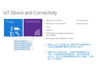  使用 Azure IoT 裝置 SDK 來實作用戶端應用程式，
以便在裝置硬體平臺與作業系統上執行。
 裝置 SDK 包含程式庫，可協助將遙測傳送至 IoT
中樞，並接收雲端到裝置訊息。 當您使用裝置
SDK 時，您可以從數種網路通訊協定中選擇，以便
與 IoT 中樞通訊
ConnectivityThings
•Azure IoT SDK for C
•Azure IoT SDK for Python
•Azure IoT SDK for Node.js
•Azure IoT SDK for Java
•Azure IoT SDK for .NET
 Windows 10 IoT Core
 Windows 10 IoT Enterprise
 Linux
 Android
 RTOS’s (Real Time Operating System)
(ex. VxWorks)
 Many others-BLE ,Modbus RTU ,LoRa…
 IP connectivity
 Built in security
 