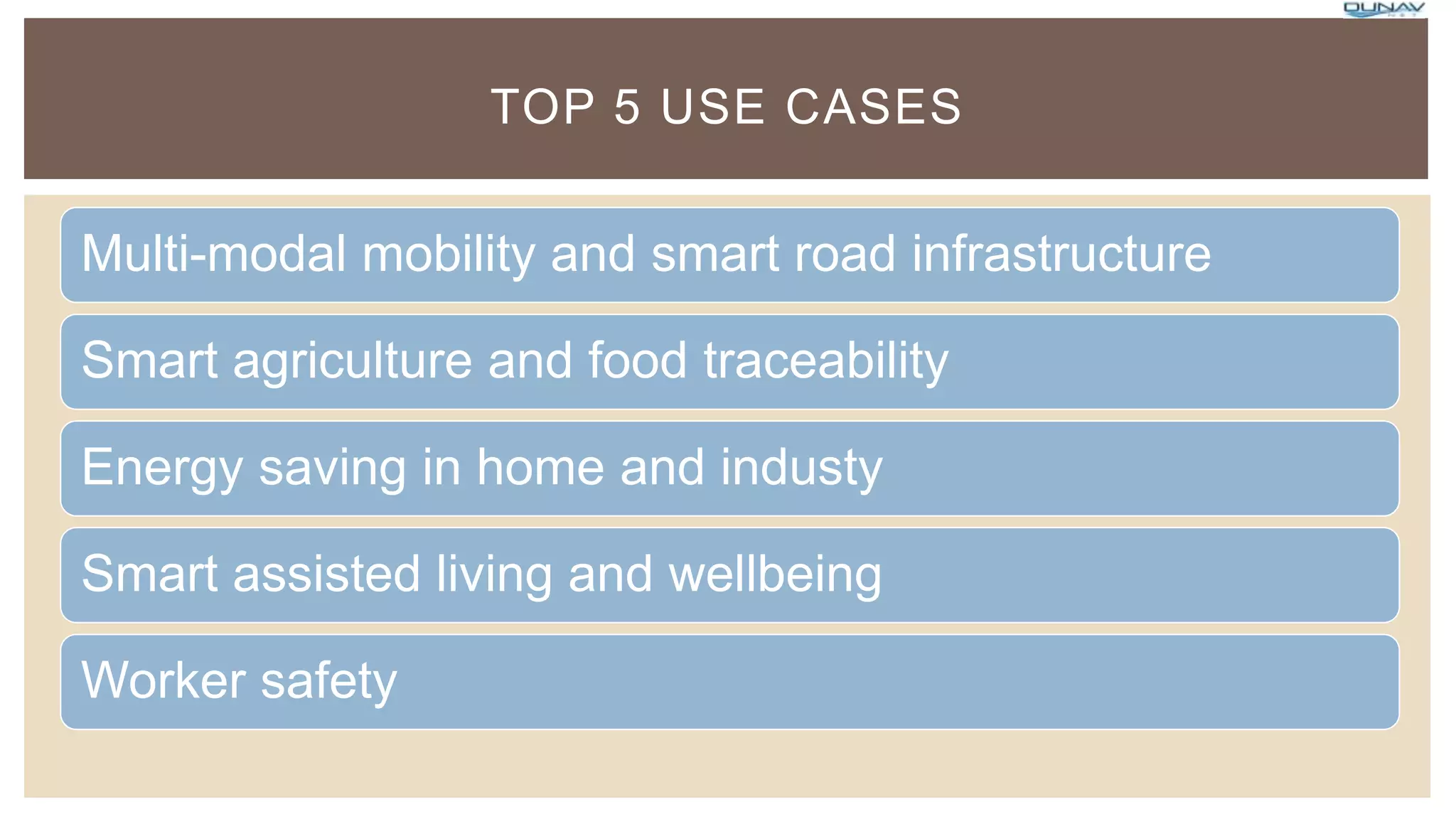 Multi-modal mobility and smart road infrastructure
Smart agriculture and food traceability
Energy saving in home and industy
Smart assisted living and wellbeing
Worker safety
TOP 5 USE CASES
 