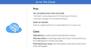 AI on The Cloud
Pros:
You can always have more, just scale

“Unlimited” computing power: for ML learning & inference

“Unlimited” storage: for AI model and dataset

Easier to maintain

Easier to update (soMware, AI model/algorithm), to secure, etc
Cons:
High latency: as data need to transferred to cloud

Must be online: to exchange data with cloud. Connectivity can
be challenges for cecain use cases

Potential privacy issue: your face goes to the cloud, who know
what will happen
 
