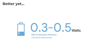 0.3-0.5Wahs
Better yet…
Idle to full power inference
0.03 waP for sleeping mode
 