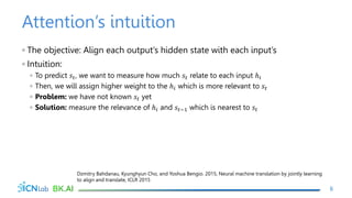 Attention’s intuition
◦ The objective: Align each output’s hidden state with each input’s
◦ Intuition:
◦ To predict 𝑠𝑡, we want to measure how much 𝑠𝑡 relate to each input ℎ𝑖
◦ Then, we will assign higher weight to the ℎ𝑖 which is more relevant to 𝑠𝑡
◦ Problem: we have not known 𝑠𝑡 yet
◦ Solution: measure the relevance of ℎ𝑖 and 𝑠𝑡−1 which is nearest to 𝑠𝑡
6
Dzmitry Bahdanau, Kyunghyun Cho, and Yoshua Bengio. 2015, Neural machine translation by jointly learning
to align and translate, ICLR 2015
 