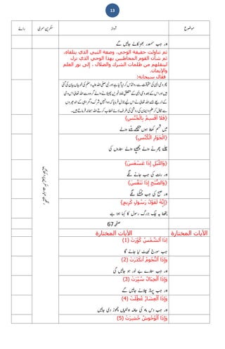 13
gzZZÝ áÕ$Y$6[ }»uO[Ĭ gä[srw Ý[Ý
‫ثم‬‫تناولت‬‫حقيقة‬،‫الوحي‬‫وصفة‬‫النبي‬‫الذي‬،‫يتلقاه‬
‫ثم‬‫شأن‬‫القوم‬‫المخاطبين‬‫بھذا‬‫الوحي‬‫الذي‬‫نزل‬
‫لينقلھم‬‫من‬‫ظلمات‬‫الشرك‬‫والضالل‬،‫لى‬ِ‫إ‬‫نور‬‫العلم‬
‫يمان‬ ِ‫واإل‬.
‫فقال‬‫سبحانه‬:
}‫ال‬َ‫ف‬ُ‫م‬ِ‫س‬ْ‫ق‬ُ‫أ‬ِ‫س‬‫ﱠ‬‫ن‬ُ‫خ‬ْ‫ل‬‫ا‬ِ‫ب‬{
ZáZz Z[ ,Ó˸$ Zñ[6Õ˼[P
yâƒ 6Ð66Ji ßÓ
Ðî áÕ$×
}ِ‫ار‬َ‫و‬َ‫ج‬ْ‫ل‬‫ا‬ِ‫س‬‫ﱠ‬‫ن‬ُ‫ك‬ْ‫ل‬‫ا‬{
ÌÐ yzg6Ð3S ZáZz Z[ ,[˸×[Ő ZáZz "uO[Ĭ Z[ ,„[D
}ِ‫ل‬ْ‫ي‬‫ﱠ‬‫ل‬‫ال‬َ‫و‬‫َا‬‫ذ‬ِ‫إ‬َ‫س‬َ‫ع‬ ْ‫س‬َ‫ع‬{
ZèC "6[ Ý[Ý ÌÐ ]Zg gzZ
}ِ‫ح‬ْ‫ﱡب‬‫ص‬‫ال‬َ‫و‬‫َا‬‫ذ‬ِ‫إ‬َ‫س‬‫ﱠ‬‫ف‬َ‫ن‬َ‫ت‬{
ZèC Z[ ,ωo[Ő Ý[Ý ÌÐ ä
[
â; gzZ
}ُ‫ه‬‫ﱠ‬‫ن‬ِ‫إ‬ُ‫ل‬ْ‫و‬َ‫ق‬َ‫ل‬ٍ‫ل‬‫و‬ ُ‫س‬َ‫ر‬ٍ‫يم‬ِ‫ر‬َ‫ك‬{
ì Zâƒ 6'i » wâÎg vgí[w HÕHZ EÕE F6[3Õ˸ÐήÕÏ
67
‫المختارة‬ ‫اآليات‬‫المختارة‬ ‫اآليات‬
‫َا‬‫ذ‬ِ‫ا‬ُ‫س‬ ۡ‫م‬ ‫ﱠ‬‫ٱلش‬ۡ‫ت‬َ‫ر‬ِّ‫و‬ُ‫ك‬)1(
Ç }6[ 6Õ3„ ßÕ»[˸z `gâÎ Ý[Ý
‫َا‬‫ذ‬ِ‫إ‬َ‫و‬ُ‫وم‬ُ‫ﱡج‬‫ن‬‫ٱل‬َ‫د‬َ‫ك‬‫ٱن‬ۡ‫ت‬َ‫ر‬)2(
ÌÐ áÕ$Y$6[ âƒ gâ[ â " }g6Ð3S Ý[Ý gzZ
‫َا‬‫ذ‬ِ‫إ‬َ‫و‬ُ‫ال‬َ‫ب‬ِ‫ج‬ۡ‫ٱل‬ۡ‫ت‬َ‫ر‬ِّ‫ي‬ ُ‫س‬)3(
ZÝ áÕ$Y$6[ }ú[D h6'[Ĭ Ý[Ý gzZ
‫َا‬‫ذ‬ِ‫إ‬َ‫و‬ُ‫ار‬ َ‫ش‬ِ‫ع‬ۡ‫ٱل‬ۡ‫ت‬َ‫ل‬ِّ‫ط‬ُ‫ع‬)4(
6– ke Ý[Ý gzZ‫ه‬áÕ$Y$6[ ~e hâð[Ő y6Õ3[˸Ó˺
[3zZ Eào6 ÌÐ
‫َا‬‫ذ‬ِ‫إ‬َ‫و‬ُ‫وش‬ُ‫ح‬ُ‫و‬ۡ‫ٱل‬ۡ‫ت‬َ‫ر‬ِ‫ش‬ُ‫ح‬)5(
 