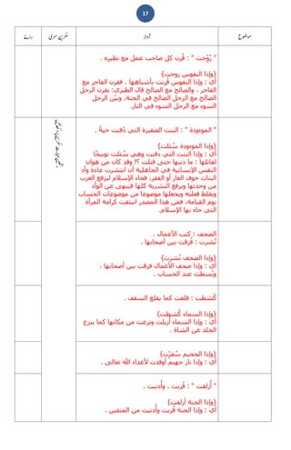 17
"‫جت‬ِّ‫و‬ُ‫ز‬: "‫ُرن‬‫ق‬‫كل‬‫صاحب‬‫عمل‬‫مع‬‫نظيره‬.
}‫وإذا‬‫النفوس‬‫زوجت‬{
‫أي‬:‫وإذا‬‫النفوس‬‫ُرنت‬‫ق‬‫بأشباھھا‬،‫فقرن‬‫الفاجر‬‫مع‬
‫الفاجر‬،‫والصالح‬‫مع‬‫الصالح‬‫الطبري‬ ‫قال‬:‫الرجل‬ ‫يقرن‬
‫الجنة‬ ‫في‬ ‫الصالح‬ ‫الرجل‬ ‫مع‬ ‫الصالح‬‫الرجل‬ ‫ن‬ّ‫ي‬‫وب‬ ،
‫النار‬ ‫في‬ ‫السوء‬ ‫الرجل‬ ‫مع‬ ‫السوء‬.
"‫الموءودة‬: "‫البنت‬‫الصغيرة‬‫التي‬‫فنت‬ُ‫د‬ً‫ة‬‫حي‬.
}‫وإذا‬‫الموءودة‬‫ئلت‬ ُ‫س‬{
‫أي‬:‫وإذا‬‫البنت‬‫ئلت‬ ُ‫س‬ ‫وھي‬ ‫دفنت‬ ‫التي‬‫ًا‬‫خ‬‫توبي‬
‫لقاتلھا‬:‫ذنبھا‬ ‫ما‬‫حتى‬‫قتلت‬‫؟‬!‫ھوان‬ ‫من‬ ‫كان‬ ‫وقد‬
‫و‬ ‫عادة‬ ‫انتشرت‬ ‫أن‬ ‫الجاھلية‬ ‫في‬ ‫اإلنسانية‬ ‫النفس‬‫أد‬
‫العرب‬ ‫ليرفع‬ ‫اإلسالم‬ ‫فجاء‬ ،‫الفقر‬ ‫أو‬ ‫العار‬ ‫خوف‬ ‫البنات‬
‫في‬ ‫كلھا‬ ‫البشرية‬ ‫ويرفع‬ ‫وحدتھا‬ ‫من‬‫ن‬‫الوأد‬ ‫عن‬ ‫ھى‬
‫الحساب‬ ‫موضوعات‬ ‫من‬ ‫موضوعا‬ ‫ويجعلھا‬ ‫فعلته‬ ‫ويغلظ‬
‫المرأة‬ ‫كرامة‬ ‫انبثقت‬ ‫المصدر‬ ‫ھذا‬ ‫فمن‬ ،‫القيامة‬ ‫يوم‬
‫اإلسالم‬ ‫بھا‬ ‫جاء‬ ‫التي‬.
‫الصحف‬:‫كتب‬‫األعمال‬.
‫شرت‬ُ‫ن‬:‫ُرقت‬‫ف‬‫بين‬‫أصحابھا‬.
}‫وإذا‬‫الصحف‬‫شرت‬ُ‫ن‬{
‫أي‬:‫وإذا‬‫صحف‬‫األعمال‬‫فرقت‬‫بين‬‫أصحابھا‬،
‫سطت‬ُ‫ب‬‫و‬‫عند‬‫الحساب‬.
‫ُشطت‬‫ك‬:‫قلعت‬‫كما‬‫يقلع‬‫السقف‬.
}‫وإذا‬‫السماء‬‫ُشطت‬‫ك‬{
‫أي‬:‫وإذا‬‫السماء‬‫زيلت‬ُ‫أ‬‫ونزعت‬‫من‬‫مكانھا‬‫كما‬‫ينزع‬
‫الجلد‬‫عن‬‫الشاة‬.
}‫وإذا‬‫ال‬‫جحيم‬‫ت‬ِّ‫عر‬ ُ‫س‬{
‫أي‬:‫وإذا‬‫نار‬‫جھنم‬‫أوقدت‬‫ألعداء‬‫ﷲ‬‫تعالى‬.
"‫زلفت‬ُ‫أ‬: "‫ُربت‬‫ق‬،‫دنيت‬ُ‫أ‬‫و‬.
}‫وإذا‬‫الجنة‬‫أزلفت‬{
‫أي‬:‫وإذا‬‫الجنة‬‫ُربت‬‫ق‬‫دنيت‬ُ‫وأ‬‫من‬‫المتقين‬.
 