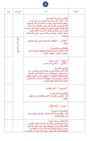 18
}‫علمت‬‫نفس‬‫ما‬‫أحضرت‬{
‫أي‬:‫علمت‬‫كل‬‫نفس‬‫ما‬ْ‫أحضرت‬‫من‬‫خير‬‫أو‬‫شر‬
،‫م‬ ‫م‬ّ‫د‬‫تق‬ ‫ما‬ ‫جواب‬ ‫ھي‬ ‫الجملة‬ ‫وھذه‬‫السورة‬ ‫أول‬ ‫ن‬
}‫إذا‬‫الشمس‬‫ُورت‬‫ك‬{‫حدثت‬ ‫إذا‬ ‫والمعنى‬ ،‫ھنا‬ ‫إلي‬
‫ما‬ ‫نفس‬ ‫كل‬ ‫حينئذ‬ ‫علمت‬ ،‫الغريبة‬ ‫العجيبة‬ ‫األمور‬ ‫تلك‬
‫علي‬ ‫تعالي‬ ‫أقسم‬ ّ‫م‬‫ث‬ ‫طالح‬ ‫أو‬ ‫صالح‬ ‫من‬ ‫مته‬ّ‫د‬‫ق‬
‫محمد‬ ‫رسالة‬ ‫ة‬ّ‫ح‬‫وص‬ ،‫القرآن‬ ‫صدق‬-‫عليه‬ ‫ﷲ‬ ‫صلي‬
‫وسلم‬-
"‫س‬‫ﱠ‬‫ن‬ُ‫الخ‬: "‫الكواكب‬‫السيارة‬‫تخنس‬‫أي‬‫تختفي‬
ً‫ر‬‫نھا‬‫ا‬.
}‫فال‬‫أقسم‬‫بالخنس‬{
‫أي‬:‫فأقسم‬‫ا‬ً‫م‬‫قس‬‫ا‬ً‫د‬‫مؤك‬‫بالنجوم‬‫المضيئة‬‫التي‬
‫تختفي‬‫بالنھار‬،‫وتظھر‬‫بالليل‬.
"‫الجوار‬: "‫التي‬‫تجري‬.
"‫س‬‫ﱠ‬‫ن‬ُ‫ك‬‫ال‬: "‫تكنس‬‫أي‬‫تستتر‬
}‫الجوار‬‫الكنس‬{
‫أي‬:‫التي‬‫تجري‬‫وتسير‬‫مع‬‫الشمس‬‫والقمر‬،‫ثم‬
‫تستتر‬‫وقت‬‫غروبھ‬‫ا‬‫كناسھا‬ ‫في‬ ‫الظباء‬ ‫تستتر‬ ‫كما‬
‫مغاراتھا‬.‫القرطبي‬ ‫قال‬:‫وتظھر‬ ‫بالنھار‬ ‫تخنس‬ ‫النجوم‬
‫تكنس‬ ‫كما‬ ،‫تستتر‬ ‫أي‬ ‫غروبھا‬ ‫وقت‬ ‫وتكنس‬ ،‫بالليل‬
‫الكناس‬ ‫وھو‬ ‫المغار‬ ‫في‬ ‫الظباء‬.
"‫عسعس‬: "‫أقبل‬‫ظالمه‬.
}‫والليل‬‫إذا‬‫عسعس‬{
‫أي‬:‫وأقسم‬‫بالليل‬‫إذا‬‫أقبل‬‫بظالمه‬‫حتى‬ّ‫ط‬‫غ‬‫ى‬
‫الكون‬.
"‫تنفس‬: "‫أضاء‬‫وأقبل‬
}‫والصبح‬‫إذا‬‫تنفس‬{
‫أي‬:‫وبالصبح‬‫إذا‬‫أضاء‬‫وتبلج‬،‫واتسع‬‫ضياؤه‬‫حتى‬
‫صار‬‫ا‬ً‫ر‬‫نھا‬‫ا‬ً‫ح‬‫واض‬.
}‫إنه‬‫لقول‬‫رسول‬‫كريم‬{
‫الكريم‬ ‫القرآن‬ ‫ھذا‬ ّ‫ن‬‫إ‬ ‫أي‬ ‫عليه‬ ‫المقسم‬ ‫ھو‬ ‫ھذا‬
‫ھو‬ ‫ﷲ‬ ‫علي‬ ‫عزيز‬ ‫ملك‬ ‫بواسطة‬ ‫ل‬ّ‫ز‬‫المن‬ ‫ﷲ‬ ‫لكالم‬
‫ه‬ّ‫ن‬‫أل‬ ‫إليه‬ ‫القرآن‬ ‫وأضاف‬ ‫جبريل‬‫في‬ ‫وھو‬ ،‫به‬ ‫جاء‬
‫تعالي‬ ‫ﷲ‬ ‫قول‬ ‫الحقيقة‬.‫به‬ ‫المراد‬ ‫أن‬ ‫علي‬ ّ‫ل‬‫يد‬ ‫ا‬ّ‫م‬‫وم‬
 