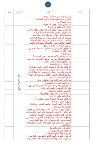 8
}‫ح‬ ‫من‬ ‫صلصال‬ ‫من‬‫مسنون‬ ‫مأ‬{
‫الصافات‬ ‫وفي‬ ، ‫متغير‬ ‫أسود‬ ‫طين‬ ‫من‬ ‫أي‬
}‫الزب‬ ‫طين‬ ‫من‬{
‫عمران‬ ‫آل‬ ‫وفي‬ ، ‫باليد‬ ‫يلتصق‬ ‫أي‬
}‫تراب‬ ‫من‬ ‫خلقه‬ ‫آدم‬ ‫كمثل‬{
‫من‬ ‫أوال‬ ‫خلقه‬ ‫تعالى‬ ‫ﷲ‬ ‫ألن‬ ‫وذلك‬ ، ‫بينھا‬ ‫تنافي‬ ‫وال‬
‫أي‬ ‫الزبا‬ ‫طينا‬ ‫فصار‬ ‫بالماء‬ ‫فعجن‬ ، ‫األرض‬ ‫تراب‬
‫حمأ‬ ‫صار‬ ‫حتى‬ ‫تركه‬ ‫ثم‬ ، ‫باليد‬ ‫يلصق‬ ‫متالصقا‬
‫تصور‬ ‫كما‬ ‫صوره‬ ‫ثم‬ ، ‫منتنا‬ ‫أسود‬ ‫طينا‬ ‫أي‬ ‫مسنونا‬
‫الصالبة‬ ‫غاية‬ ‫في‬ ‫صار‬ ‫حتى‬ ‫أيبسه‬ ‫ثم‬ ، ‫األواني‬
‫األطوار‬ ‫آخر‬ ‫ھھنا‬ ‫فالمذكور‬ ، ‫صوت‬ ‫نقر‬ ‫إذا‬ ‫كالفخار‬.
}‫نار‬ ‫من‬ ‫مارج‬ ‫من‬ ‫الجان‬ ‫وخلق‬{
‫من‬ ‫فيه‬ ‫دخان‬ ‫ال‬ ، ‫خالص‬ ‫لھب‬ ‫من‬ ‫الجن‬ ‫وخلق‬ ‫أي‬
‫عبا‬ ‫ابن‬ ‫قال‬ ، ‫النار‬‫س‬:
}‫مارج‬ ‫من‬{
‫؟‬ ‫الحديث‬ ‫وفي‬ ، ‫فيه‬ ‫دخان‬ ‫ال‬ ‫خالص‬ ‫لھب‬ ‫أي‬
)‫من‬ ‫مارج‬ ‫من‬ ‫الجان‬ ‫وخلق‬ ، ‫نور‬ ‫من‬ ‫المالئكة‬ ‫خلقت‬
‫لك‬ ‫وصف‬ ‫مما‬ ‫آدم‬ ‫وخلق‬ ، ‫نار‬‫م‬.(
}‫تكذبان‬ ‫ربكما‬ ‫آالء‬ ‫فبأي‬{
‫؟‬ ‫تكذبان‬ ‫والجن‬ ‫اإلنس‬ ‫معشر‬ ‫يا‬ ‫ﷲ‬ ‫نعم‬ ‫فبأي‬ ‫أي‬
‫حيان‬ ‫أبو‬ ‫قال‬:‫للتأكيد‬ ، ‫الفواصل‬ ‫ھذه‬ ‫في‬ ‫والتكرار‬
‫و‬‫قتيبة‬ ‫ابن‬ ‫وقال‬ ، ‫والتحريك‬ ‫التنبيه‬:‫التكرار‬ ‫ھذا‬ ‫إن‬
‫قوله‬ ‫كرر‬ ‫نعمة‬ ‫ذكر‬ ‫فكلما‬ ، ‫النعم‬ ‫إلختالف‬ ‫ھو‬ ‫إنما‬:
}‫تكذبان‬ ‫ربكما‬ ‫آالء‬ ‫فبأي‬{
‫مرة‬ ‫وثالثين‬ ‫إحدى‬ ‫اآلية‬ ‫ھذه‬ ‫ذكرت‬ ‫وقد‬.
}‫المغربين‬ ‫ورب‬ ‫المشرقين‬ ‫رب‬{
‫ورب‬ ، ‫والقمر‬ ‫الشمس‬ ‫مشرق‬ ‫رب‬ ‫وعال‬ ‫جل‬ ‫ھو‬ ‫أي‬
‫والق‬ ‫الشمس‬ ‫ذكر‬ ‫ولما‬‫قوله‬ ‫في‬ ‫مر‬:
}‫بحسبان‬ ‫والقمر‬ ‫الشمس‬{
‫ومغربھما‬ ‫مشرقھما‬ ‫رب‬ ‫أنه‬ ‫ھنا‬ ‫ذكر‬.
}‫تكذبان‬ ‫ربكما‬ ‫آالء‬ ‫فبأي‬{
‫؟‬ ‫تكذبان‬ ‫تحصى‬ ‫ال‬ ‫التي‬ ‫ﷲ‬ ‫نعم‬ ‫فبأي‬ ‫أي‬
}‫يلتقيان‬ ‫البحرين‬ ‫مرج‬{
‫يتجاوران‬ ، ‫العذب‬ ‫والبحر‬ ، ‫الملح‬ ‫البحر‬ ‫أرسل‬ ‫أي‬
‫يمتزجان‬ ‫وال‬ ‫ويلتقيان‬.
}‫ال‬ ‫برزخ‬ ‫بينھما‬‫يبغيان‬{‫قدرة‬ ‫من‬ ‫حاجز‬ ‫بينھما‬ ‫أي‬
،‫بالممازجة‬ ‫اآلخر‬ ‫على‬ ‫أحدھما‬ ‫يطغى‬ ‫ال‬ ، ‫تعالى‬ ‫ﷲ‬
‫كثير‬ ‫ابن‬ ‫قال‬:‫بالبحرين‬ ‫والمراد‬:، ‫والحلو‬ ، ‫الملح‬
‫بين‬ ‫السارحة‬ ‫األنھار‬ ‫ھذه‬ ‫والحلو‬ ، ‫البحار‬ ‫ھذه‬ ‫فالملح‬
‫من‬ ‫الحاجز‬ ‫وھو‬ ، ‫برزخا‬ ‫بينھما‬ ‫ﷲ‬ ‫وجعل‬ ،‫الناس‬
‫على‬ ‫ھذا‬ ‫يبغي‬ ‫لئال‬ ، ‫األرض‬‫واحد‬ ‫كل‬ ‫فيفسد‬ ، ‫ھذا‬
‫اآلخر‬ ‫منھما‬.
}‫تكذبان‬ ‫ربكما‬ ‫آالء‬ ‫فبأي‬{
‫؟‬ ‫تكذبان‬ ‫ﷲ‬ ‫نعم‬ ‫فبأي‬ ‫أي‬
}‫والمرجان‬ ‫اللؤلؤ‬ ‫منھما‬ ‫يخرج‬{
‫يخرج‬ ‫كما‬ ، ‫والمرجان‬ ‫اللؤلؤ‬ ‫الماء‬ ‫من‬ ‫لكم‬ ‫يخرج‬ ‫أي‬
‫قال‬ ، ‫والريحان‬ ‫والعصف‬ ‫الحب‬ ‫التراب‬ ‫من‬‫المفسرون‬:
 