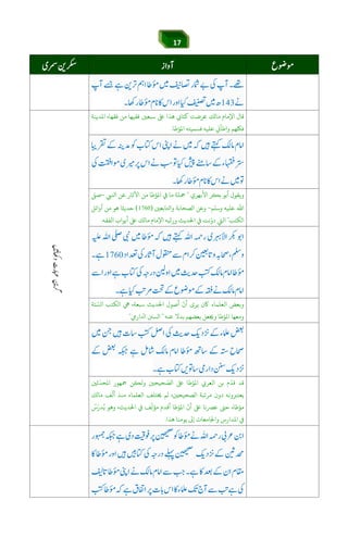 17
‫اﻤﻟﺪﻳﻨﺔ‬ ،‫ﻓﻘﻬﺎ‬ ‫ﻣﻦ‬ ‫ﻓﻘﻴﻬﺎ‬ ‫ﺳﺒﻌﻦﻴ‬ ‫ﺒﻟ‬ ‫ﻫﺬا‬ ‫ﻛﺘﺎ‬ ‫ﻋﺮﺿﺖ‬ ‫ﻣﺎﻟﻚ‬ ‫اﻹﻣﺎم‬ ‫ﻗﺎل‬
‫اﻤﻟﺆﻃﺎ‬ ‫ﻓﺴﻤﻴﺘﻪ‬ ‫ﻋﻠﻴﻪ‬ k‫واﻃﺄ‬ ‫ﻓﻠﻜﻬﻢ‬.
áÕ$Y$6Jie]g6[3náÕáw™
‫اﻷﺑﻬﺮ‬ ‫ﺑﻜﺮ‬ ‫أﺑﻮ‬ ‫وﻳﻘﻮل‬‫ي‬"‫اﺠﻲﺒ‬ ‫ﻋﻦ‬ ‫اﻵﺛﺎر‬ ‫ﻣﻦ‬ ‫اﻤﻟﺆﻃﺎ‬ ‫ﻲﻓ‬ ‫ﻣﺎ‬ ‫ﻤﺟﻠﺔ‬–‫ﺻﻰﻠ‬
‫وﺳﻠﻢ‬ ‫ﻋﻠﻴﻪ‬ ‫اﷲ‬-‫واﺤﻛﺎﺑﻌﻦﻴ‬ ‫اﻟﺼﺤﺎﺑﺔ‬ ‫وﻋﻦ‬)(‫ﻫ‬ ‫ﺣﺪﻳﺜﺎ‬‫ﻮ‬‫أواﺋﻞ‬ ‫ﻣﻦ‬
‫اﻟﻜﺘﺐ‬"‫اﻟﻔﻘﻪ‬ ‫أﺑﻮاب‬ ‫ﺒﻟ‬ ‫ﻣﺎﻟﻚ‬ ‫اﻹﻣﺎم‬ ‫ﺒﻪ‬
ّ
‫ورﺗ‬ ‫اﺤﻟﺪﻳﺚ‬ ‫ﻲﻓ‬ ‫ﻧﺖ‬ّ‫دو‬ ‫اﻟﻲﺘ‬.
‫اﺤﻟﺪﻳﺚ‬ ‫أﺻﻮل‬
ّ
‫أن‬ ‫ﻳﺮى‬ ‫ﺎﻛن‬ ‫اﻟﻌﻠﻤﺎء‬ ‫وﺑﻌﺾ‬‫ﺘﺔ‬ ّ‫اﻟﺴ‬ ‫اﻟﻜﺘﺐ‬ ‫ﻲﻫ‬ ،‫ﺳﺒﻌﺔ‬
‫ﻋﻨﻪ‬ ‫ﺑﺪﻻ‬ ‫ﺑﻌﻀﻬﻢ‬ ‫وﺠﻳﻌﻞ‬ ‫اﻤﻟﺆﻃﺎ‬ ‫وﻣﻌﻬﺎ‬"‫ارﻲﻣ‬ ‫ا‬ ‫اﻟﺴﻦﻨ‬"
‫ﺛﻦﻴ‬
ّ
‫اﻤﻟﺤﺪ‬ ‫ﻤﺟﻬﻮر‬ ‫وﻟﻜﻦ‬ ‫ﺤﻴﺤﻦﻴ‬ ّ‫اﻟﺼ‬ ‫ﺒﻟ‬ ‫اﻤﻟﺆﻃﺎ‬ Ȓ‫اﻟﻌﺮ‬ ‫ﺑﻦ‬ ‫م‬
ّ
‫ﻗﺪ‬ ‫ﻗﺪ‬
‫ﻣﺎﻟﻚ‬ ‫ﻒ‬
ّ
‫أﻟ‬ ‫ﻣﻨﺬ‬ ‫اﻟﻌﻠﻤﺎء‬ ‫ﺨﻳﺘﻠﻒ‬ ‫ﻟﻢ‬ ،‫اﻟﺼﺤﻴﺤﻦﻴ‬ ‫ﻣﺮﺗﺒﺔ‬ ‫دون‬ ‫ﻳﻌﺘﺮﺒوﻧﻪ‬
ُ‫س‬َ‫ﺪر‬ُ‫ﻳ‬ ‫وﻫﻮ‬ ،‫اﺤﻟﺪﻳﺚ‬ ‫ﻲﻓ‬ ‫ﻒ‬
ّ
‫ﻣﺆﻟ‬ ‫أﻗﺪم‬ ‫اﻤﻟﺆﻃﺎ‬
ّ
‫أن‬ ‫ﺒﻟ‬ ‫ﻋﺮﺼﻧﺎ‬ k‫ﺣ‬ ‫ﻣﺆﻃﺎه‬
‫اﻤﻟﺪا‬ ‫ﻲﻓ‬‫ﻫﺬا‬ ‫ﻳﻮﻣﻨﺎ‬ ‫إﻰﻟ‬ ‫واﺠﻟﺎﻣﻌﺎت‬ ‫رس‬.
 