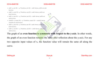 The graph of an even function is symmetric with respect to the y-axis. In other words,
the graph of an even function remains the same after reflection about the y-axis. For any
two opposite input values of x, the function value will remain the same all along the
curve.
0314-4646739
Skilling.pk Diya.pk
11
Stamflay.com
0336-4646739 0332-4646739
 