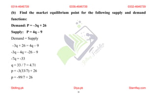 (b) Find the market equilibrium point for the following supply and demand
functions:
Demand: P = –3q + 26
Supply: P = 4q – 9
Demand = Supply
–3q + 26 = 4q – 9
-3q – 4q = -26 – 9
-7q = -33
q = 33 / 7 = 4.71
p = -3(33/7) + 26
p = -99/7 + 26
0314-4646739 0336-4646739 0332-4646739
Skilling.pk Diya.pk
28
Stamflay.com
 