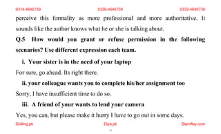 Skilling.pk Diya.pk
14
Stamflay.com
perceive this formality as more professional and more authoritative. It
sounds like the author knows what he or she is talking about.
Q.5 How would you grant or refuse permission in the following
scenarios? Use different expression each team.
i. Your sister is in the need of your laptop
For sure, go ahead. Its right there.
ii. your colleague wants you to complete his/her assignment too
Sorry, I have insufficient time to do so.
iii. A friend of your wants to lend your camera
Yes, you can, but please make it hurry I have to go out in some days.
0314-4646739 0336-4646739 0332-4646739
 