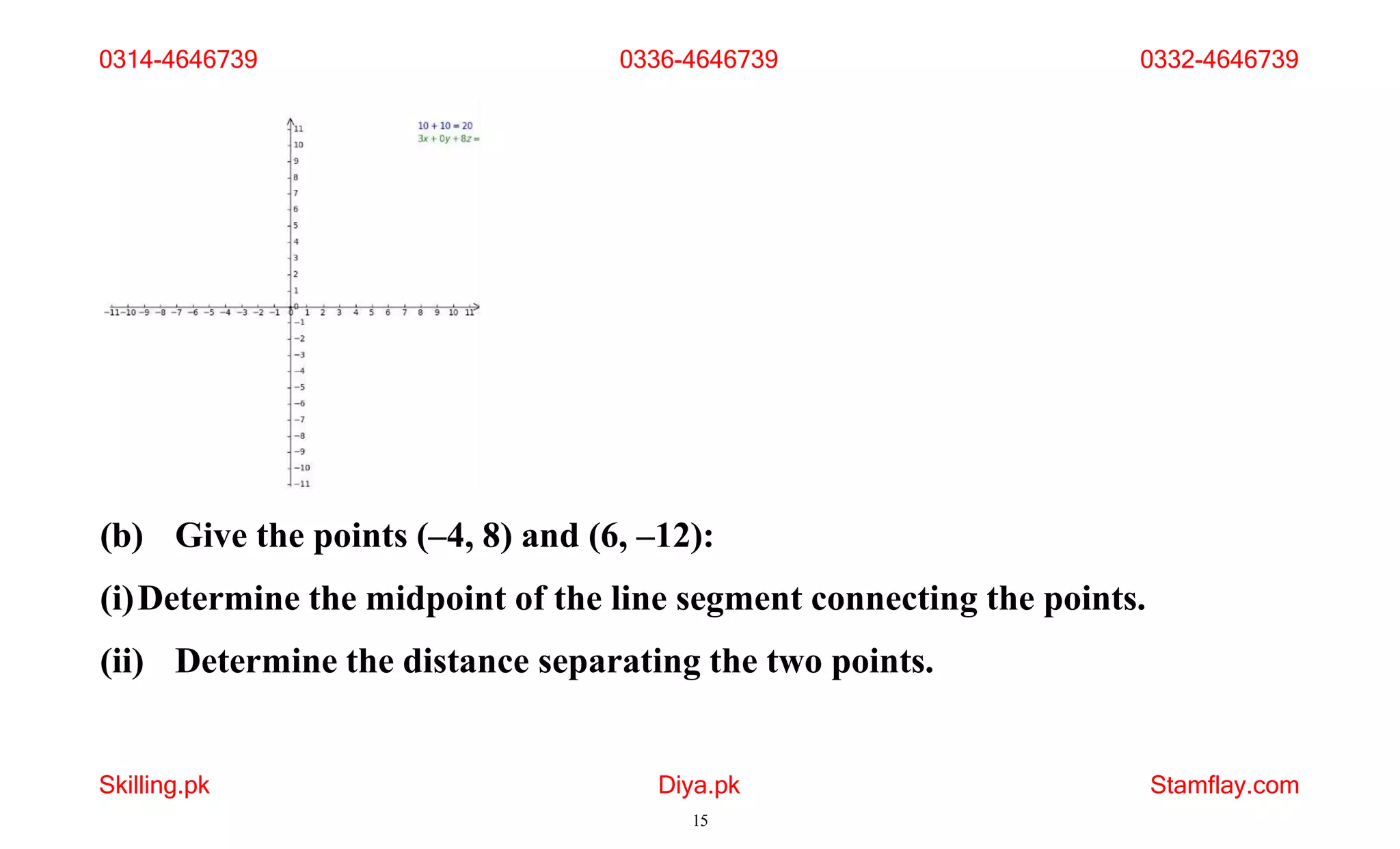 (b) Give the points (–4, 8) and (6, –12):
(i)Determine the midpoint of the line segment connecting the points.
(ii) Determine the distance separating the two points.
Skilling.pk Diya.pk
15
Stamflay.com
0314-4646739 0336-4646739 0332-4646739
 