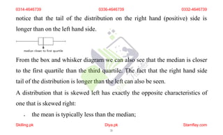 notice that the tail of the distribution on the right hand (positive) side is
longer than on the left hand side.
From the box and whisker diagram we can also see that the median is closer
to the first quartile than the third quartile. The fact that the right hand side
tail of the distribution is longer than the left can also be seen.
A distribution that is skewed left has exactly the opposite characteristics of
one that is skewed right:
 the mean is typically less than the median;
0314-4646739 0336-4646739 0332-4646739
Skilling.pk Diya.pk
21
Stamflay.com
 