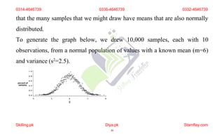 that the many samples that we might draw have means that are also normally
distributed.
To generate the graph below, we drew 10,000 samples, each with 10
observations, from a normal population of values with a known mean (m=6)
and variance (s2=2.5).
0314-4646739 0336-4646739 0332-4646739
Skilling.pk Diya.pk
39
Stamflay.com
 