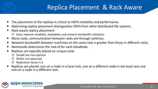 © Copyright 2016. Apps Associates LLC. 39
Replica Placement & Rack Aware
 The placement of the replicas is critical to HDFS reliability and performance.
 Optimizing replica placement distinguishes HDFS from other distributed file systems.
 Rack-aware replica placement:
 Goal: improve reliability, availability and network bandwidth utilization
 Many racks, communication between racks are through switches.
 Network bandwidth between machines on the same rack is greater than those in different racks.
 Namenode determines the rack id for each DataNode.
 Replicas are typically placed on unique racks
 Simple but non-optimal
 Writes are expensive
 Replication factor is 3
 Replicas are placed: one on a node in a local rack, one on a different node in the local rack and
one on a node in a different rack.
 