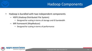© Copyright 2016. Apps Associates LLC. 41
Hadoop Components
• Hadoop is bundled with two independent components
– HDFS (Hadoop Distributed File System)
• Designed for scaling in terms of storage and IO bandwidth
– MR framework (MapReduce)
• Designed for scaling in terms of performance
 