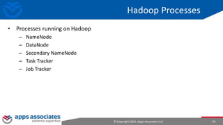 © Copyright 2016. Apps Associates LLC. 43
Hadoop Processes
• Processes running on Hadoop
– NameNode
– DataNode
– Secondary NameNode
– Task Tracker
– Job Tracker
 