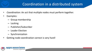Coordination in a distributed system
• Coordination: An act that multiple nodes must perform together.
• Examples:
– Group membership
– Locking
– Publisher/Subscriber
– Leader Election
– Synchronization
• Getting node coordination correct is very hard!
 