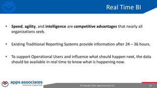 © Copyright 2016. Apps Associates LLC. 53
Real Time BI
• Speed, agility, and intelligence are competitive advantages that nearly all
organizations seek.
• Existing Traditional Reporting Systems provide information after 24 – 36 hours.
• To support Operational Users and influence what should happen next, the data
should be available in real time to know what is happening now.
 