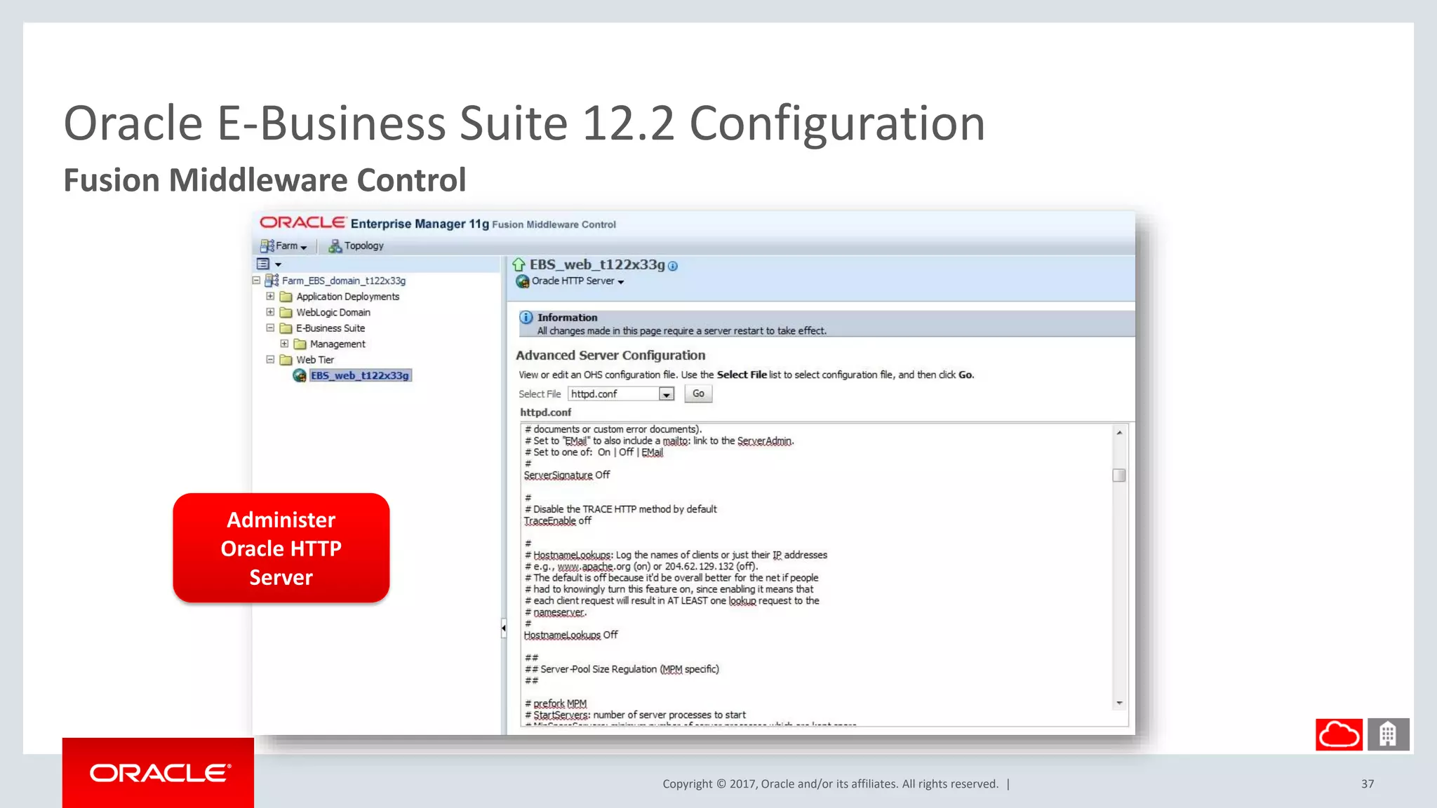 Copyright © 2017, Oracle and/or its affiliates. All rights reserved. |
Oracle E-Business Suite 12.2 Configuration
Fusion Middleware Control
37
Administer
Oracle HTTP
Server
 