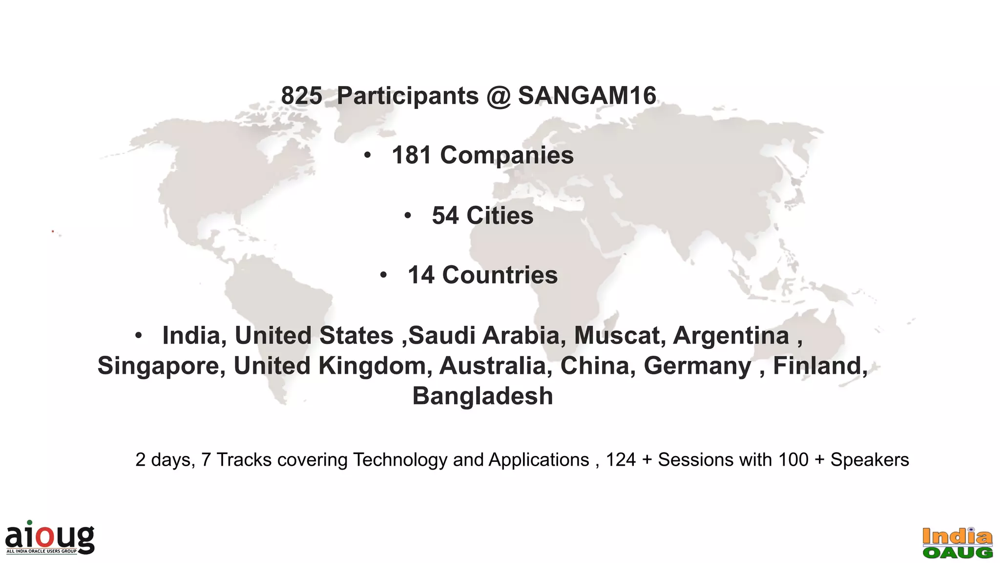 825 Participants @ SANGAM16
•  181 Companies
•  54 Cities
•  14 Countries
•  India, United States ,Saudi Arabia, Muscat, Argentina ,
Singapore, United Kingdom, Australia, China, Germany , Finland,
Bangladesh
2 days, 7 Tracks covering Technology and Applications , 124 + Sessions with 100 + Speakers
 