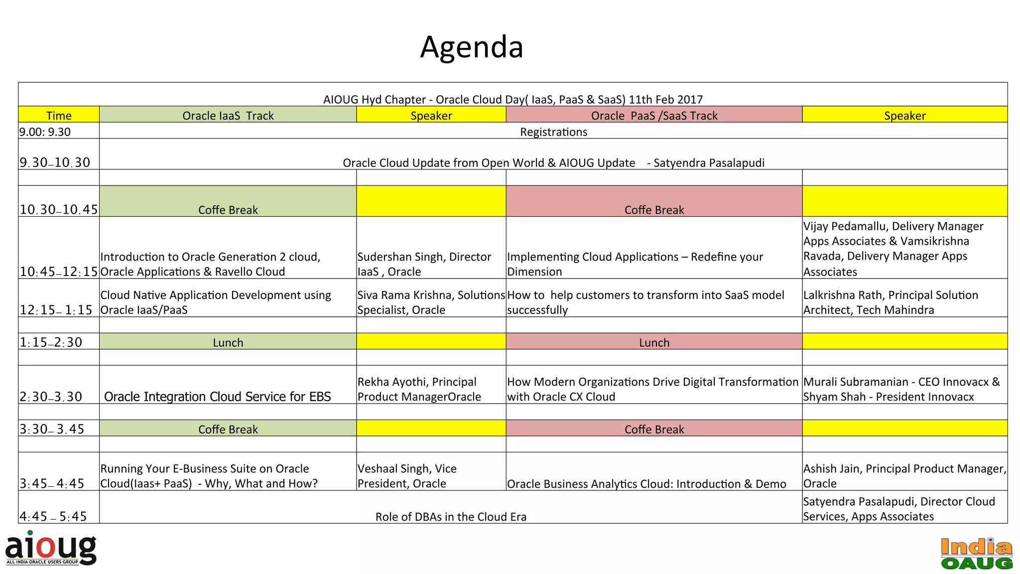 AIOUG	Hyd	Chapter	-	Oracle	Cloud	Day(	IaaS,	PaaS	&	SaaS)	11th	Feb	2017	
Time	 Oracle	IaaS		Track	 Speaker	 Oracle		PaaS	/SaaS	Track	 Speaker	
9.00:	9.30	 RegistraGons	
9.30-10.30 Oracle	Cloud	Update	from	Open	World	&	AIOUG	Update				-	Satyendra	Pasalapudi	
		 		 		 		 		
10.30-10.45 Coﬀe	Break	 		 Coﬀe	Break	 		
10:45-12:15
IntroducGon	to	Oracle	GeneraGon	2	cloud,	
Oracle	ApplicaGons	&	Ravello	Cloud	
Sudershan	Singh,	Director	
IaaS	,	Oracle	
ImplemenGng	Cloud	ApplicaGons	–	Redeﬁne	your	
Dimension	
Vijay	Pedamallu,	Delivery	Manager	
Apps	Associates	&	Vamsikrishna	
Ravada,	Delivery	Manager	Apps	
Associates	
12:15- 1:15
Cloud	NaGve	ApplicaGon	Development	using	
Oracle	IaaS/PaaS	
Siva	Rama	Krishna,	SoluGons	
Specialist,	Oracle	
How	to		help	customers	to	transform	into	SaaS	model	
successfully	
Lalkrishna	Rath,	Principal	SoluGon	
Architect,	Tech	Mahindra	
		 		 		 		 		
1:15-2:30 Lunch	 		 Lunch	 		
		 		 		 		 		
2:30-3.30 Oracle Integration Cloud Service for EBS
Rekha	Ayothi,	Principal	
Product	ManagerOracle	
How	Modern	OrganizaGons	Drive	Digital	TransformaGon	
with	Oracle	CX	Cloud	
Murali	Subramanian	-	CEO	Innovacx	&	
Shyam	Shah	-	President	Innovacx	
		 		 		 		 		
3:30- 3.45 Coﬀe	Break	 		 Coﬀe	Break	 		
		 		 		 		 		
3:45- 4:45
Running	Your	E-Business	Suite	on	Oracle	
Cloud(Iaas+	PaaS)		-	Why,	What	and	How?		
Veshaal	Singh,	Vice	
President,	Oracle	 Oracle	Business	AnalyGcs	Cloud:	IntroducGon	&	Demo	
Ashish	Jain,	Principal	Product	Manager,	
Oracle		
4:45 - 5:45 Role	of	DBAs	in	the	Cloud	Era	
Satyendra	Pasalapudi,	Director	Cloud	
Services,	Apps	Associates	
Agenda	
 