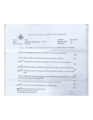 AIOU Old Paper  Marketing Management (8511) Spring 2015