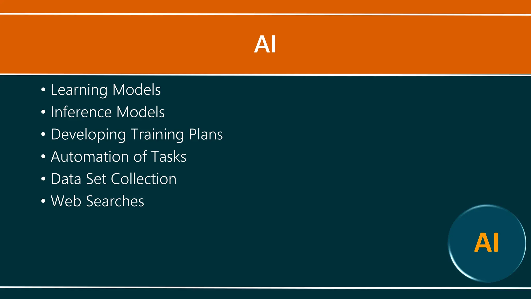 AI
• Learning Models
• Inference Models
• Developing Training Plans
• Automation of Tasks
• Data Set Collection
• Web Searches
AI
 