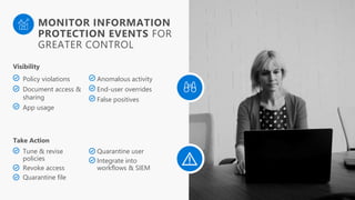 MONITOR INFORMATION
PROTECTION EVENTS FOR
GREATER CONTROL
Policy violations
Document access &
sharing
App usage
Anomalous activity
End-user overrides
False positives
Visibility
Tune & revise
policies
Revoke access
Quarantine file
Quarantine user
Integrate into
workflows & SIEM
Take Action
 