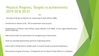 Physical Progress, Targets vs Achievments
2019-20 & 20-21
2020-21
 Purchase of 02 Nos of Vehicles for monitoring of Youth Offices NMDs.
 Transferred an amount of Rs. 179 to endowment fund account.
 Establishment of District Youth Offices Jawan Marakiz in 07 NMDs. In this regard identification
land is underway,
 PMU formed under the said scheme for strengthening of Directorate.
 Youth are provided sponsorships grants for organizing events.
 Intern staff is being hired to enable youth to acquire hands on practical experience.
 Procurement of goods (Furniture, IT Equipment etc for District Youth Offices is in Progress.
 