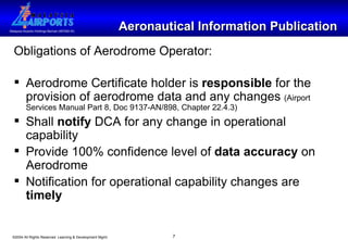 Aeronautical Information Publication Obligations of Aerodrome Operator: Aerodrome Certificate holder is  responsible  for the provision of aerodrome data and any changes  (Airport Services Manual Part 8, Doc 9137-AN/898, Chapter 22.4.3) Shall  notify  DCA for any change in operational capability  Provide 100% confidence level of  data accuracy  on Aerodrome Notification for operational capability changes are  timely   
