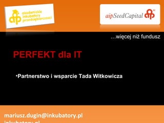 Partnerstwo i wsparcie Tada Witkowicza mariusz.dugin@inkubatory.pl  inkubatory.pl PERFEKT dla IT … więcej niż fundusz 