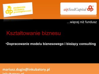 Dopracowanie modelu biznesowego i bieżący consulting Kształtowanie biznesu … więcej niż fundusz mariusz.dugin@inkubatory.pl  inkubatory.pl 