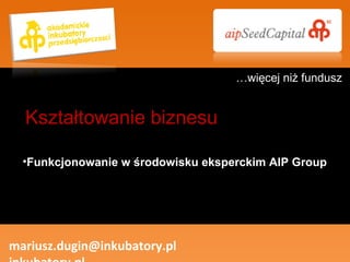 Funkcjonowanie w środowisku eksperckim AIP Group mariusz.dugin@inkubatory.pl  inkubatory.pl Kształtowanie biznesu … więcej niż fundusz 
