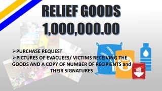 PURCHASE REQUEST
PICTURES OF EVACUEES/ VICTIMS RECEIVING THE
GOODS AND A COPY OF NUMBER OF RECIPIENTS and
THEIR SIGNATURES
 