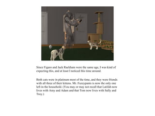 Since Figaro and Jack Rackham were the same age, I was kind of
expecting this, and at least I noticed this time around.

Both cats were in platinum most of the time, and they were friends
with all three of their kittens. Mr. Fuzzypants is now the only one
left in the household. (You may or may not recall that Latifah now
lives with Amy and Adam and that Tom now lives with Sally and
Troy.)
 