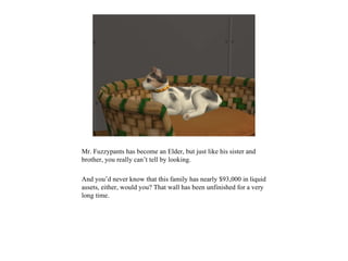 Mr. Fuzzypants has become an Elder, but just like his sister and
brother, you really can’t tell by looking.

And you’d never know that this family has nearly $93,000 in liquid
assets, either, would you? That wall has been unfinished for a very
long time.
 