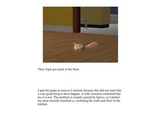 Then Tiger got stuck in the floor.




I quit the game as soon as I noticed, because this did not seem like
a very good thing to have happen. A little research confirmed that
no, it is not. The problem is usually caused by bad cc, so I pulled
my most recently installed cc, including the walls and floor in the
kitchen.
 