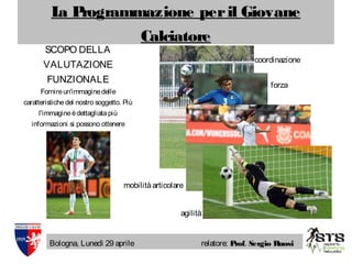 La Programmazione peril Giovane
Calciatore
Bologna, Lunedì 29 aprile relatore: Prof. Sergio Ruosi
SCOPO DELLA
VALUTAZIONE
FUNZIONALE
Fornireun'immaginedelle
caratteristichedel nostro soggetto. Più
l'immagineèdettagliatapiù
informazioni si possono ottenere
coordinazione
forza
mobilitàarticolare
agilità
 