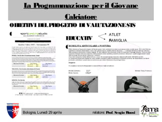 La Programmazione peril Giovane
Calciatore
Bologna, Lunedì 29 aprile relatore: Prof. Sergio Ruosi
OBIETTIVIDELPROGETTO DIVALUTAZIONESTS
GIOVANI
EDUCATIV
O
ATLET
AFAMIGLIA
 